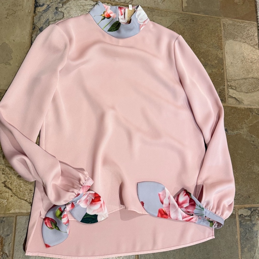 Ted Baker London Safrya Blush Pink Floral Tie Cuff Mock Neck Blouse Size 3 L
